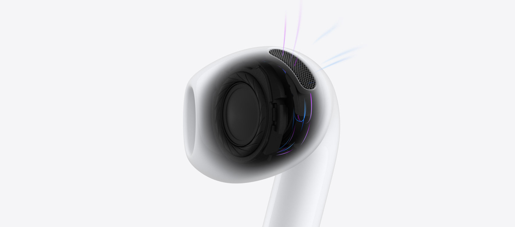 AirPods 5のイヤーバッドの内部を透かして見せた画像。黒いドライバの周りから、空気と音の流れを示す線が出ている。
