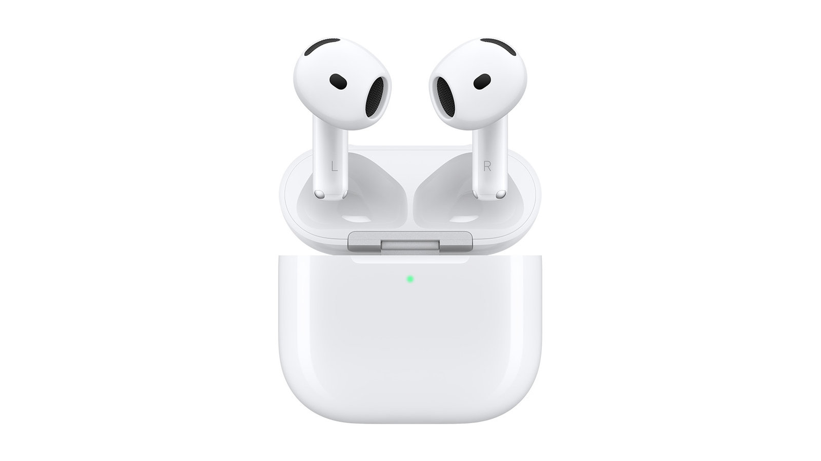 AirPods 5の左右のイヤーバッドと、ふたを開けた白い充電ケース。イヤーバッドは短い軸の付いた形で、イヤーチップは付いていない。