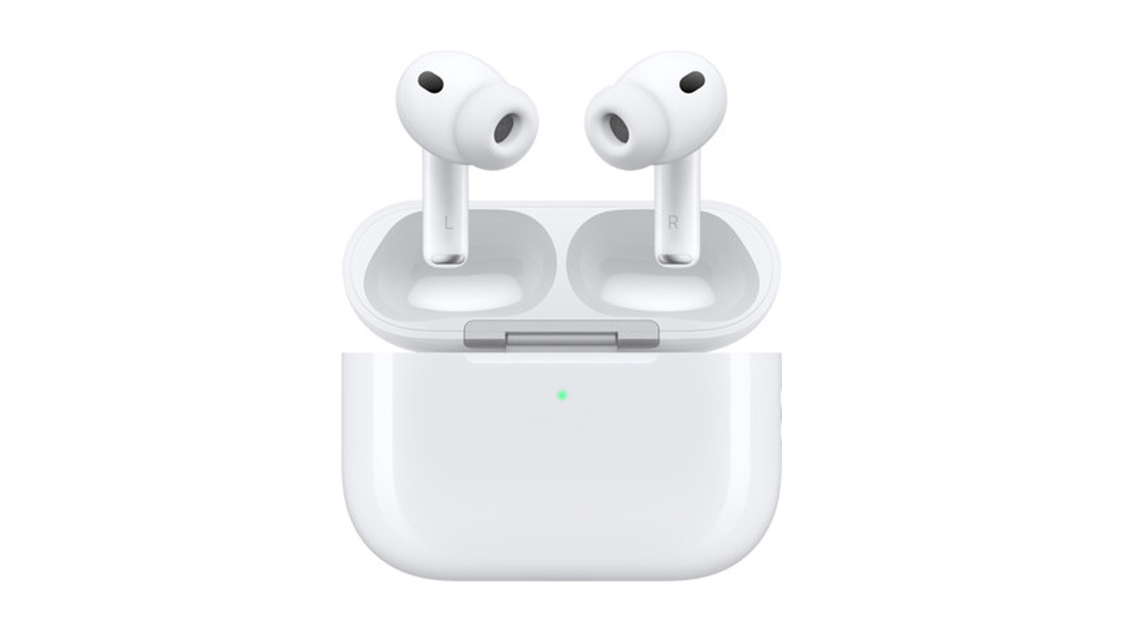 AirPods Pro 3の左右のイヤーバッドと、ふたを開けた白いMagSafe充電ケース。イヤーバッドの先に丸いシリコーンのイヤーチップが付いている。