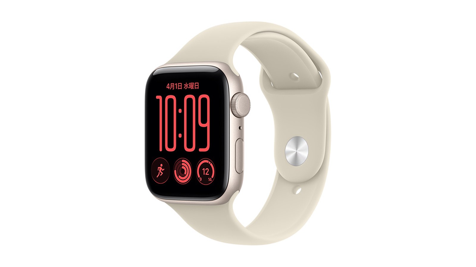 Apple Watch SE 3の1台。明るいベージュのアルミニウムケースに、同色のラバーバンドが付いている。画面には時刻と3つの丸いアイコンが出ている。