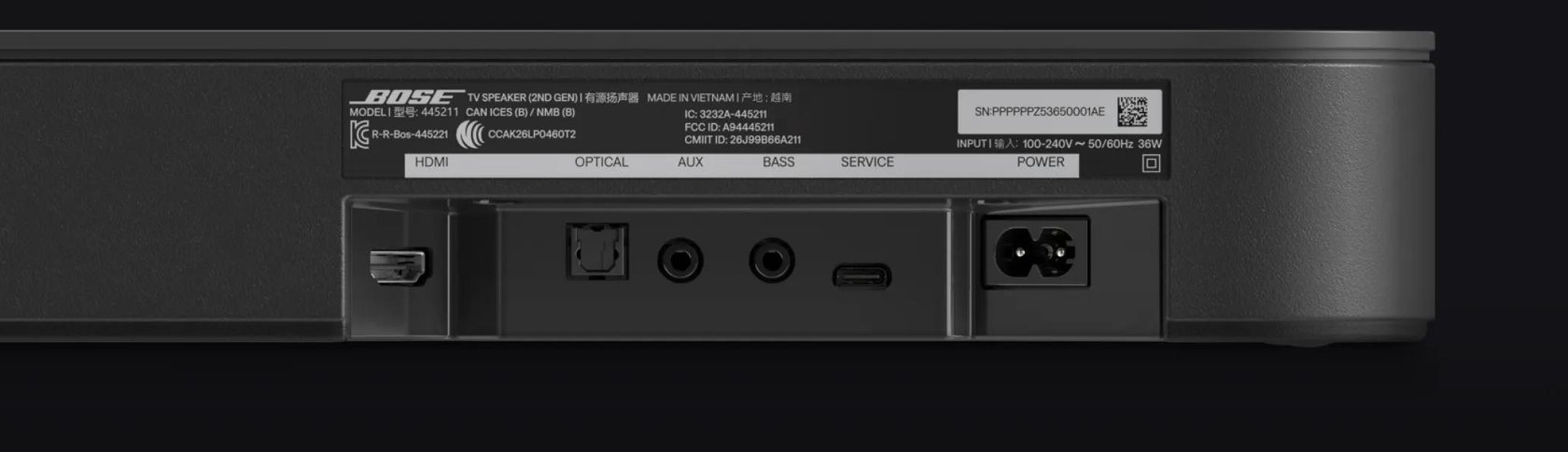 Bose TV Speaker（第2世代）の背面。左からHDMI、OPTICAL、AUX、BASS、SERVICE、POWERの端子が並んでいる。