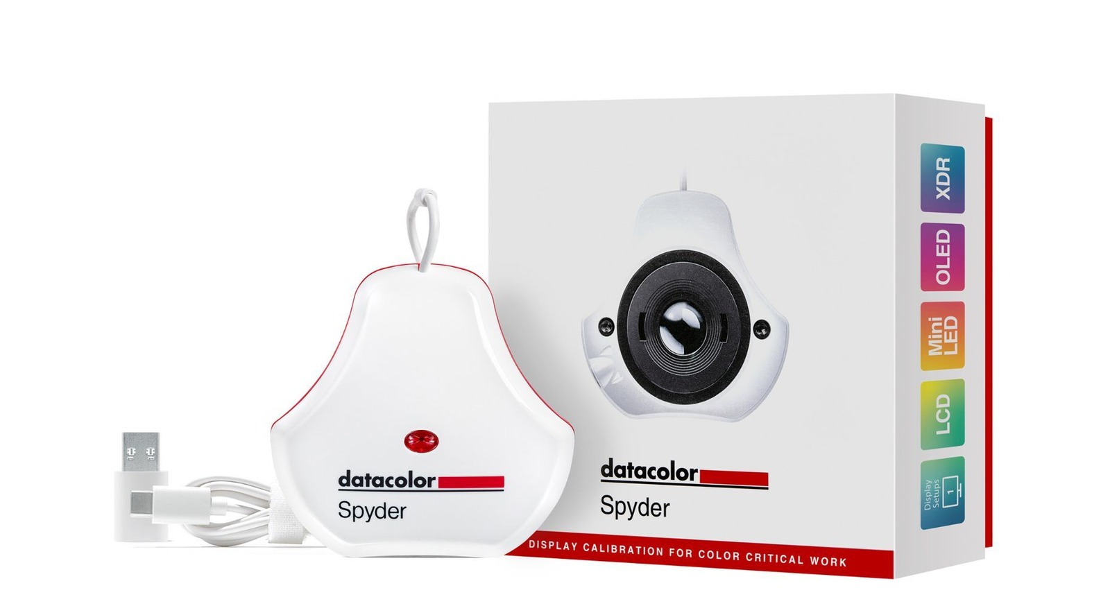 Datacolor Spyderの本体、USB-Cケーブル、USB-Aアダプタ、パッケージ。