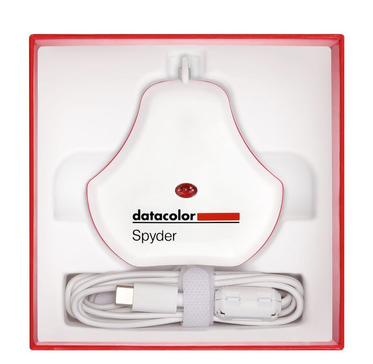 箱に収まったDatacolor Spyder本体と、束ねられたUSB-Cケーブル。