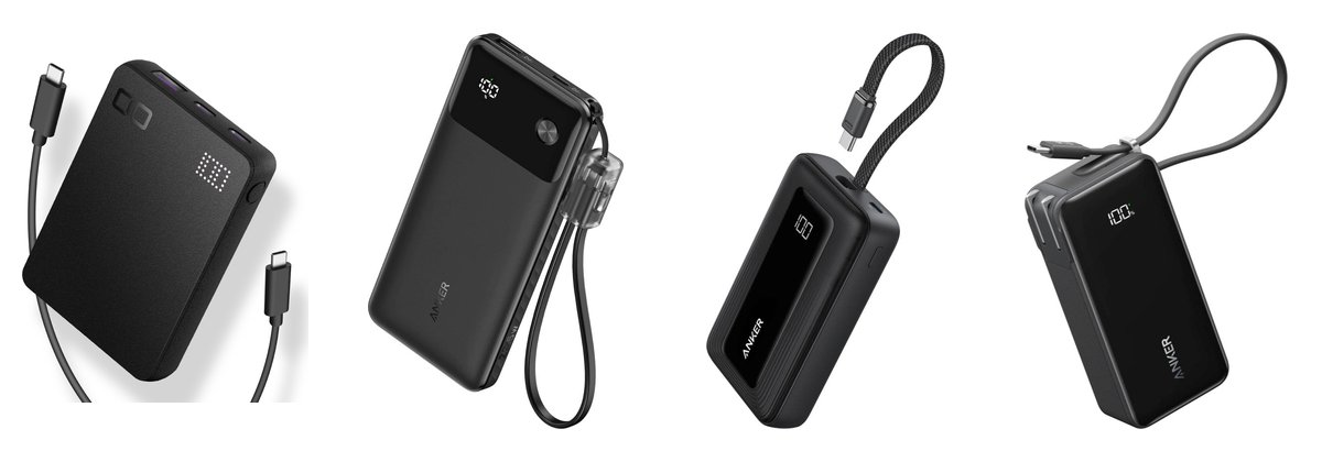 左からCIO SMARTCOBY Pro SLIM SS、Anker Power Bank（10000mAh, 22.5W）、Anker Zolo Power Bank、Anker Power Bank Fusionを白い背景に並べた製品写真。CIOは薄い板の形、Anker Power Bankは縦長でストラップ付きのケーブル、Zoloはケーブルが本体から出ていて、Fusionは厚い箱の形にケーブルが付いている。