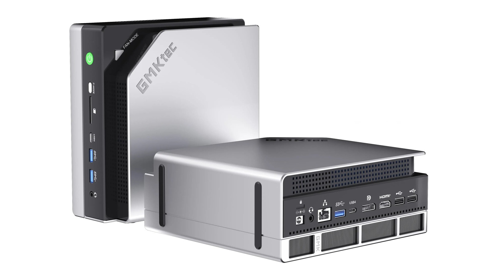 GMKtec EVO-X2 の本体。縦置きの前面には電源ボタン、SDカードスロット、USB4 Type-C、USB-A 2基、3.5mmが並ぶ。