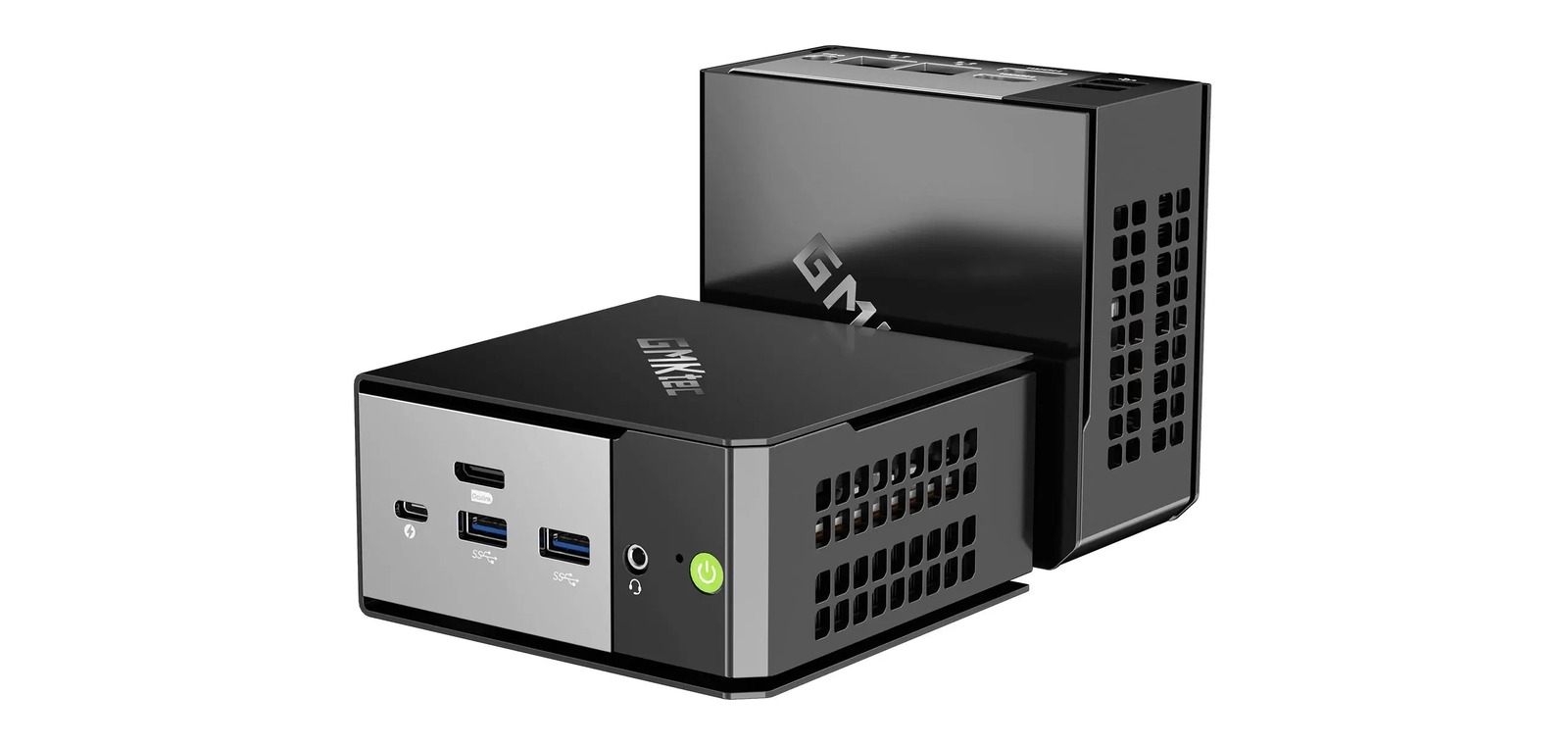 GMKtec EVO-X1 の本体。前面にUSB-C、USB-A 2基、3.5mm、電源ボタンが並ぶ黒い筐体。