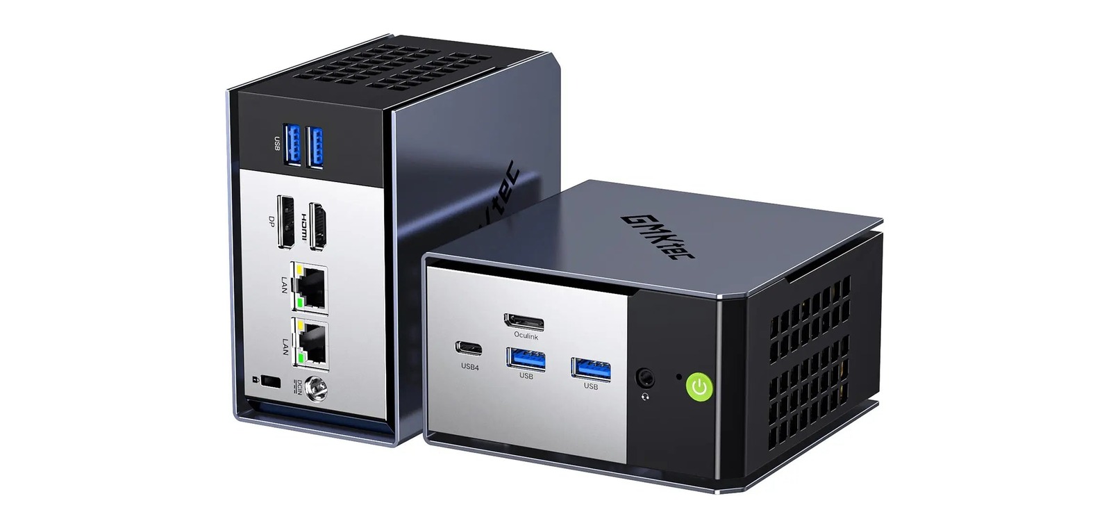 GMKtec EVO-X1 Pro の本体。背面にHDMIとDisplayPort、LAN 2口、前面にUSB4 Type-CとUSB-A 2基が並ぶ。