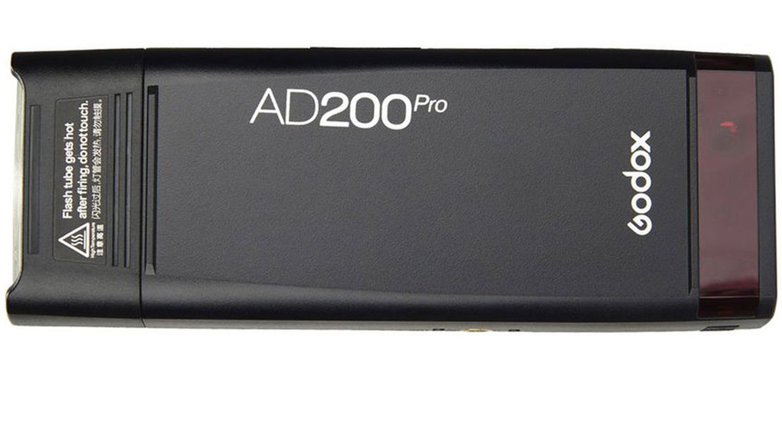 GODOX AD200Pro のヘッドを外した本体を真横から見た写真。角の丸い平たい箱で、側面に AD200Pro と Godox のロゴ、赤い受光部が付いている。