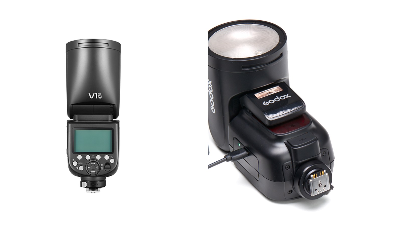 GODOX V1 Pro の本体。左が背面から見たところで、丸いヘッドと液晶画面、ダイヤルが並ぶ。右が斜め前から見たところで、丸い発光面とホットシューの手前に小さなサブフラッシュSU-1が付いている。