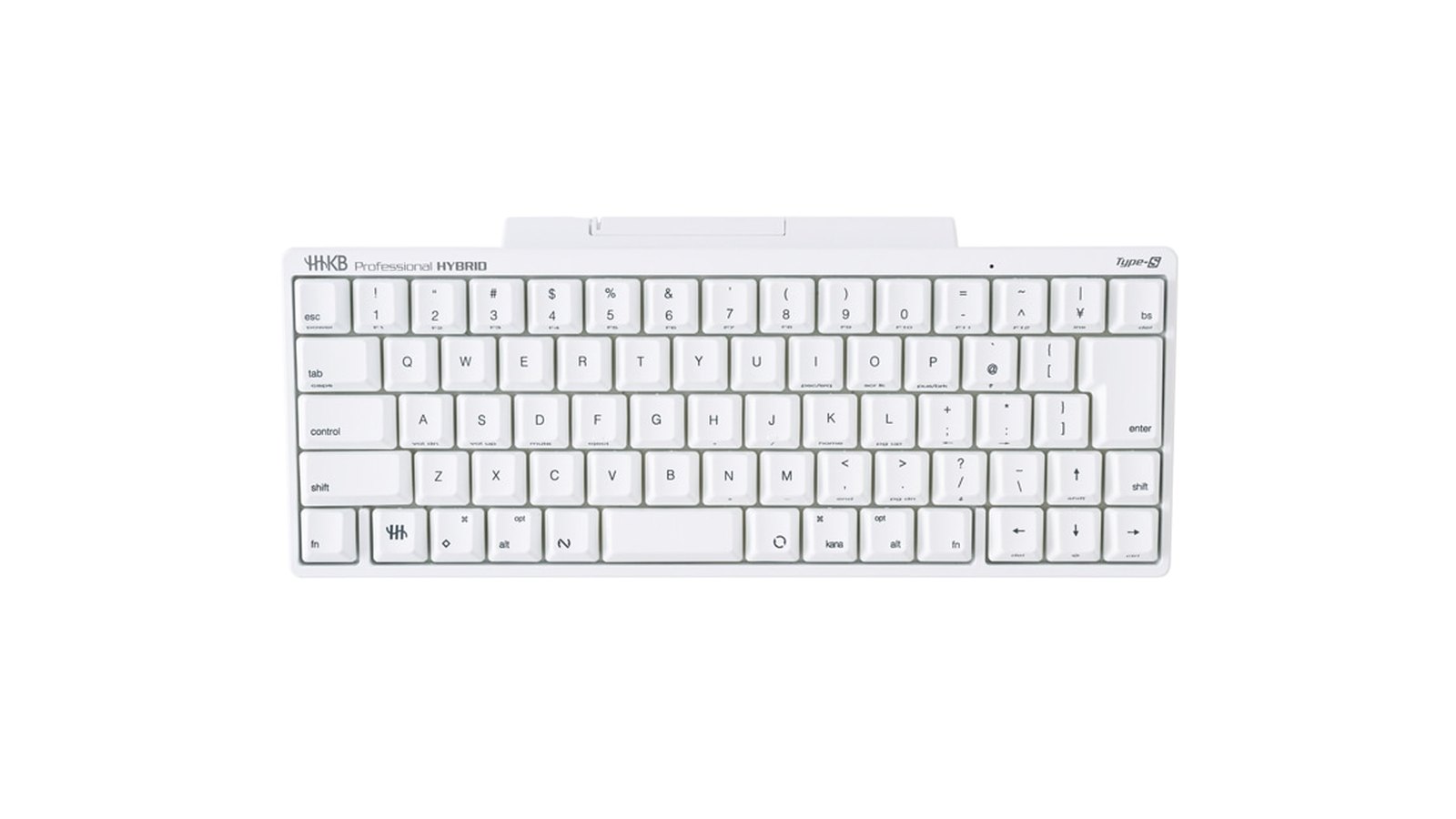 HHKB Professional HYBRID Type-S 日本語配列／雪を真上から見たところ。純白の本体に白いキーが並び、最上段は数字キーで、F1〜F12の列が無い。右下に上下左右の方向キーがある。