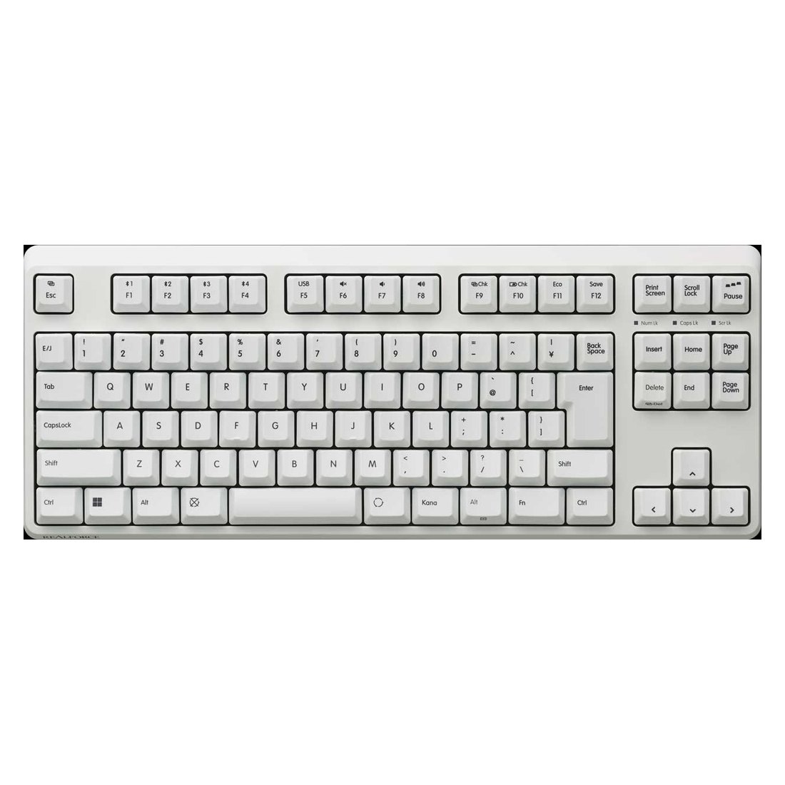 REALFORCE R4 テンキーレス 日本語配列のスーパーホワイト。F1〜F12の列と、Insert・Home・Page Up・Delete・End・Page Downの6キーの塊と、独立した方向キーの塊が右側に並ぶ。