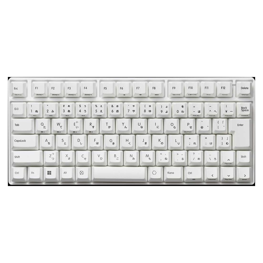 REALFORCE RC1 日本語配列のスーパーホワイト。最上段にEscとF1〜F12とDeleteが並び、右下に上下左右の方向キーがある。かな文字が印字されている。