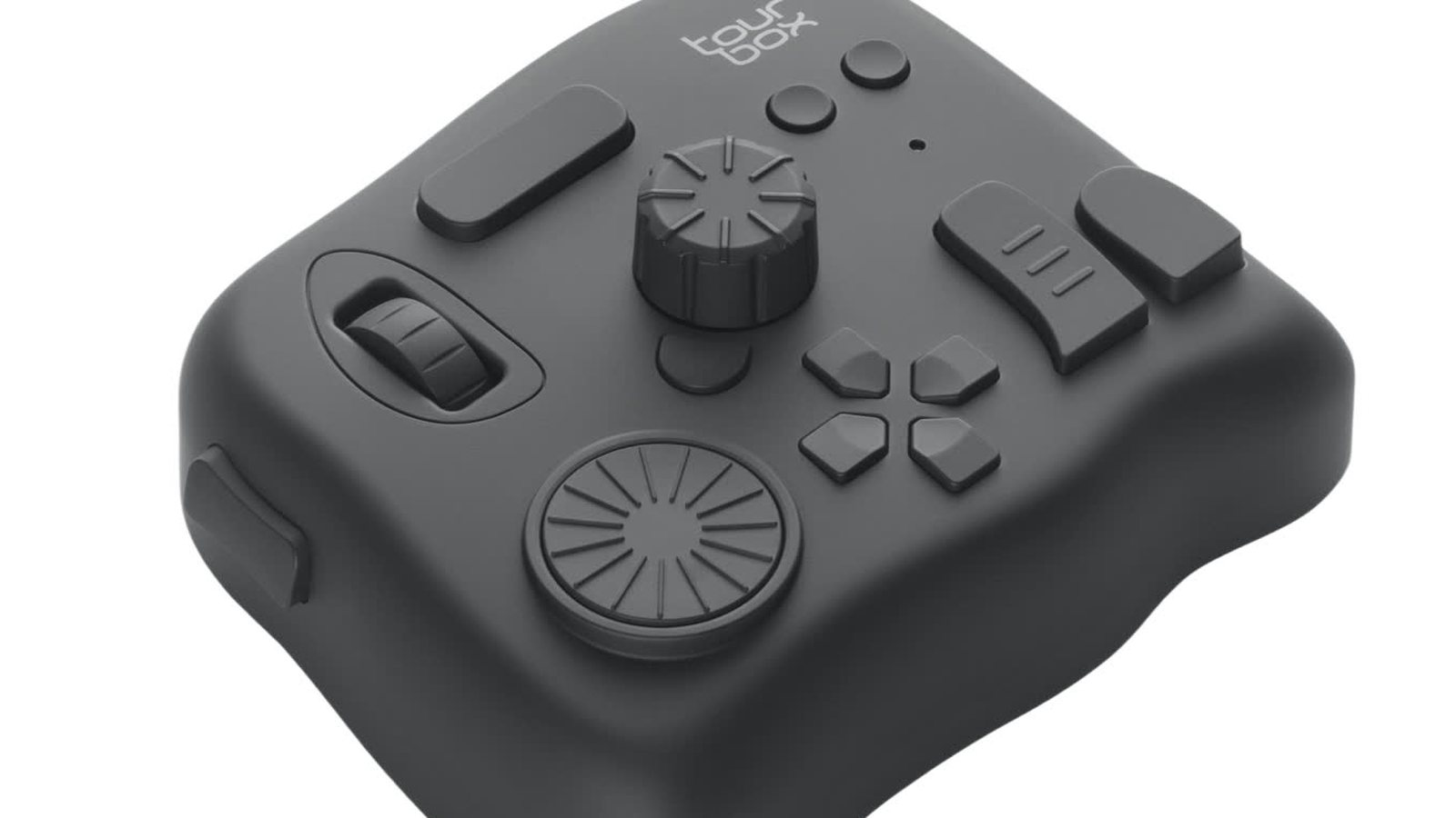 TourBox Eliteを斜めから見たところ。大きなノブと小さなダイヤル、スクロールホイールがそれぞれ違う形をしている。