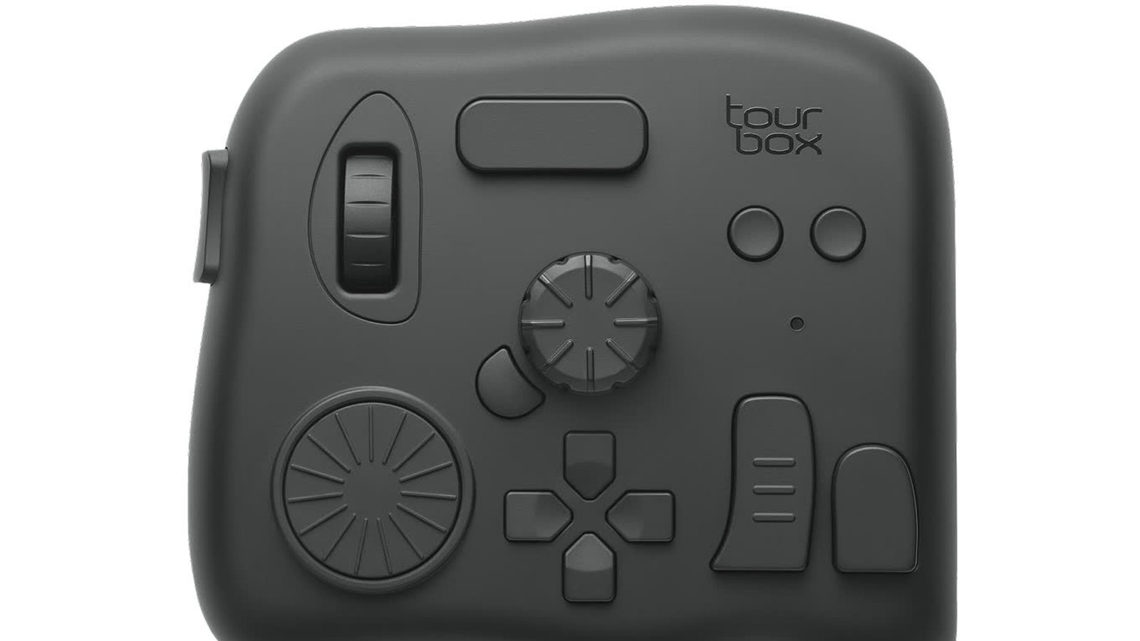 TourBox Eliteの本体。ノブ、ダイヤル、スクロール、十字ボタンなどが左手で届く範囲に配置されている。