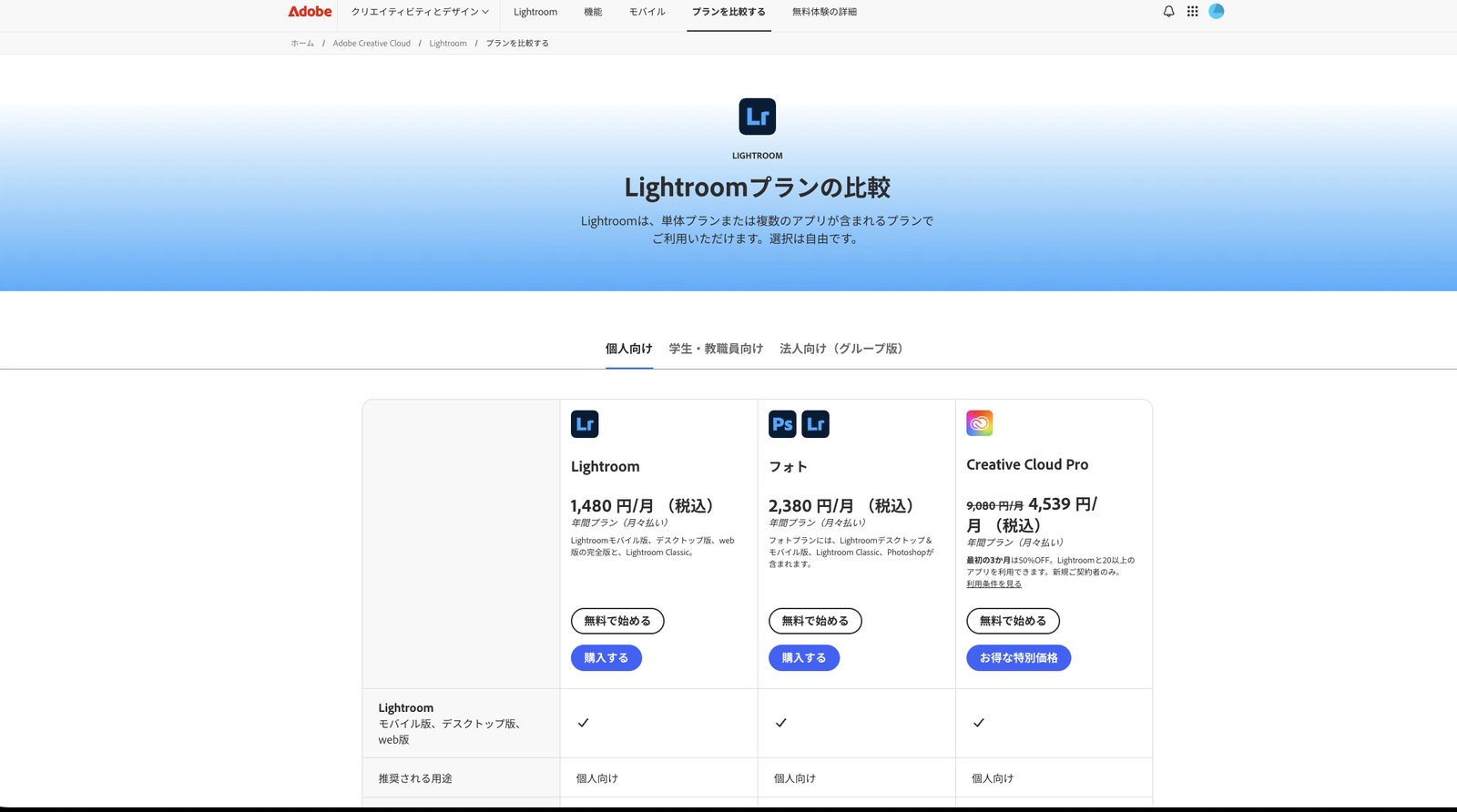 Adobe公式サイトのLightroomプラン比較ページ。Lightroom 1,480円/月、フォト 2,380円/月、Creative Cloud Pro の3つが並び、買い切りの選択肢は無い。
