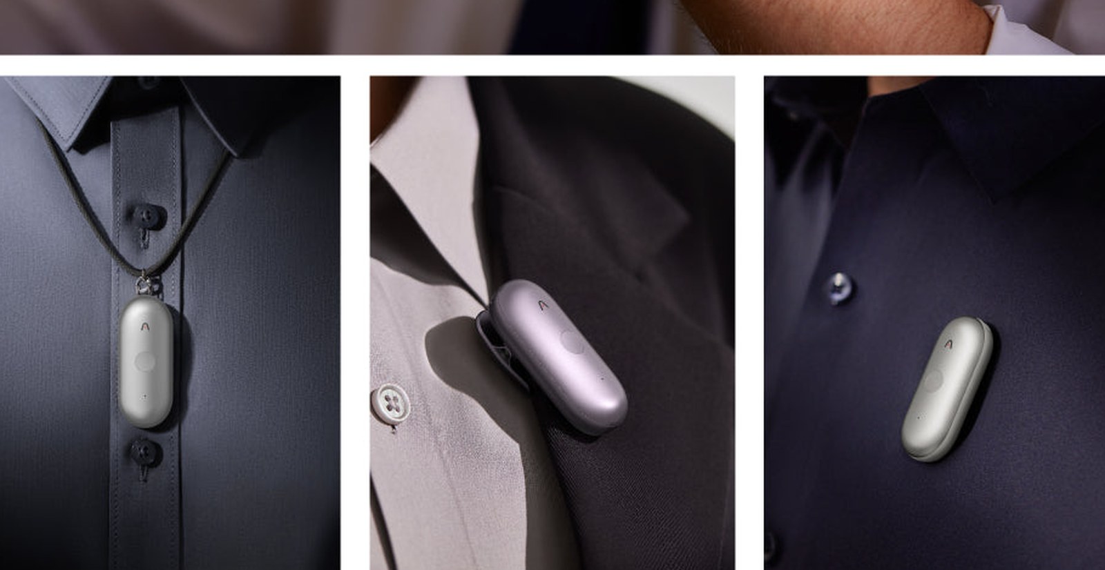 PLAUD NotePin S を身につけた3つの例。左が首から下げたネックストラップ、中央がジャケットの襟元へのクリップ、右がシャツにマグネットで留めたところ。