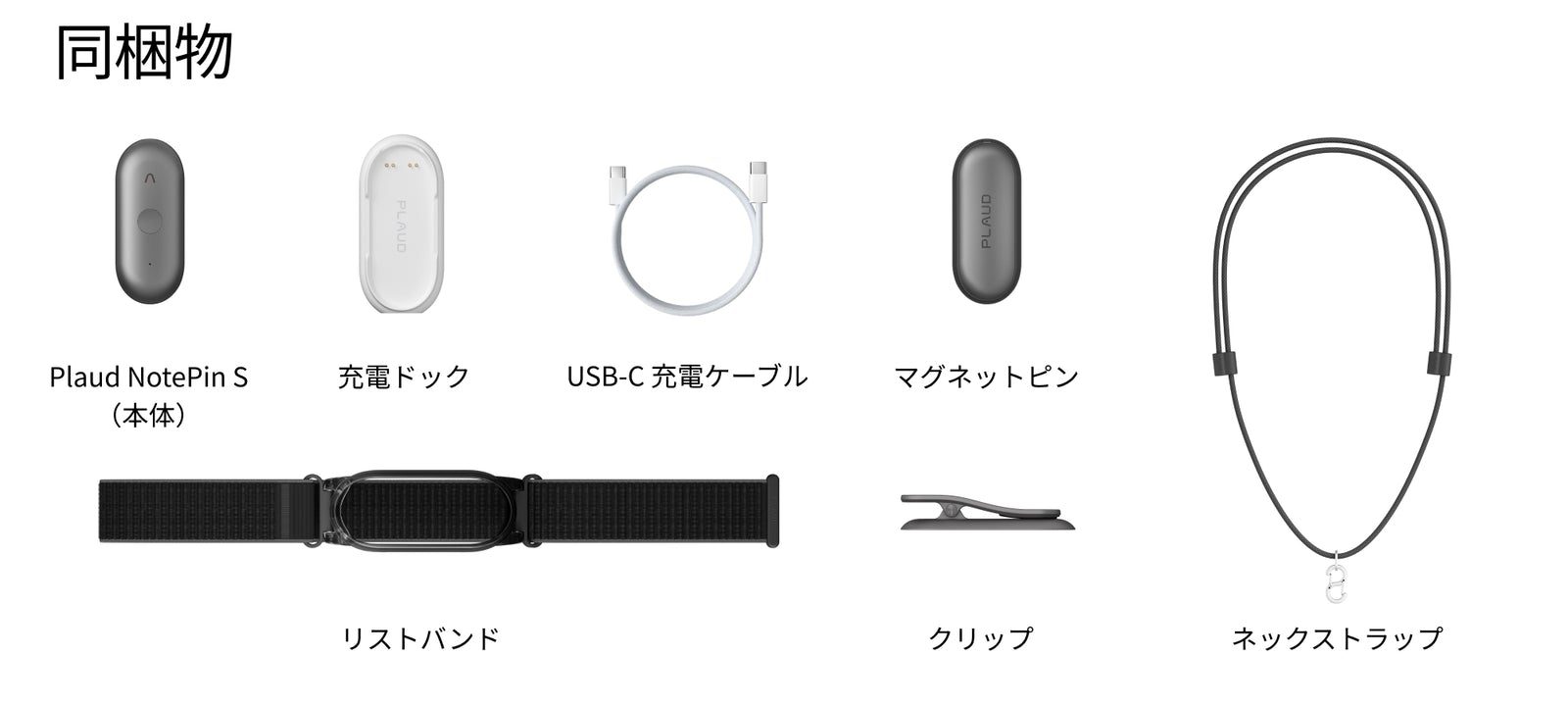 Plaud NotePin Sの同梱物。本体、充電ドック、USB-C充電ケーブル、マグネットピン、リストバンド、クリップ、ネックストラップが並んでいる。