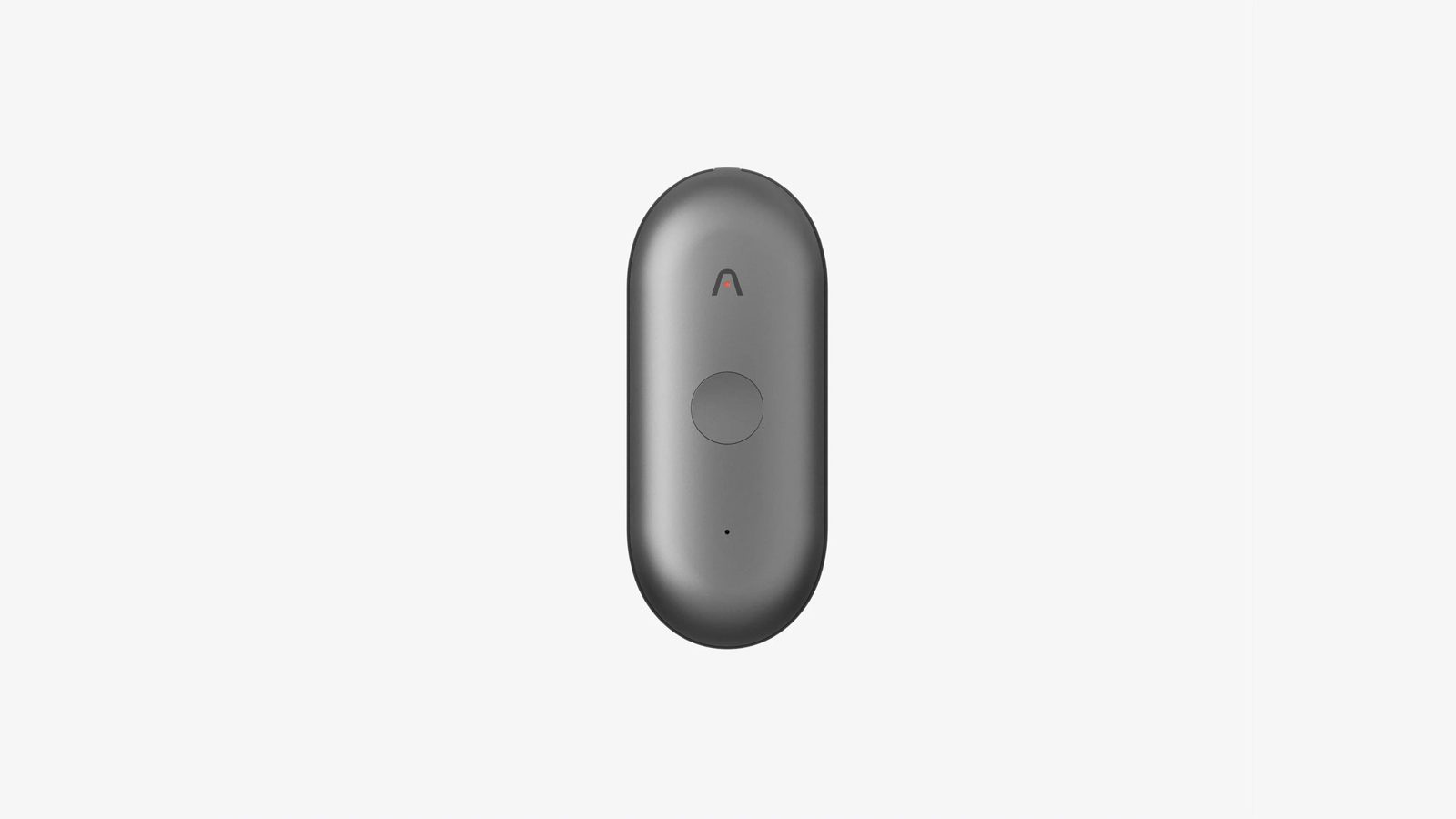 Plaud NotePin S のスペースグレーの本体を正面から見たところ。縦長の丸い形で、中央に丸い物理ボタンがある。
