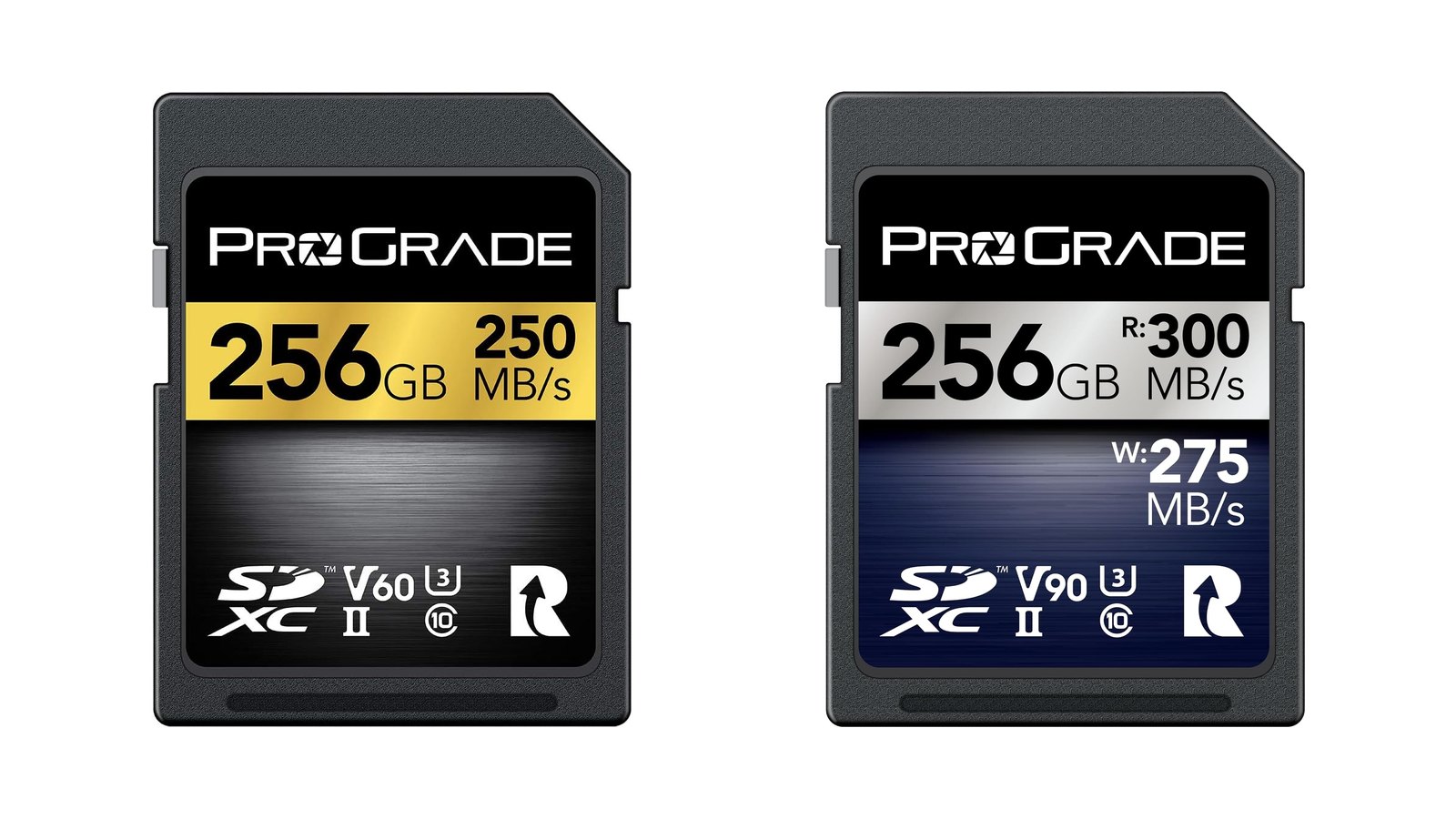 ProGrade V60 GOLD 256GBとV90 IRIDIUM 256GBのカード表面。GOLDには250MB/秒だけ、IRIDIUMにはR:300MB/秒とW:275MB/秒が印刷されている。