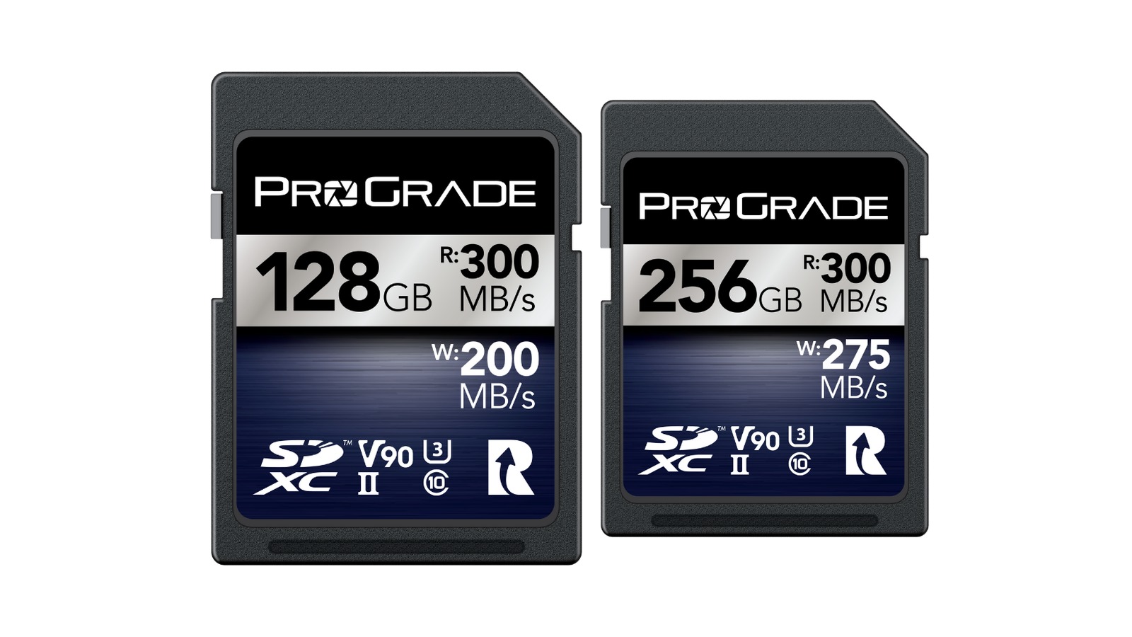 ProGrade Digital SDXC UHS-II V90 IRIDIUM の128GBと256GB。カード表面に読出300MB/秒、書込200MB/秒と275MB/秒が印刷されている。
