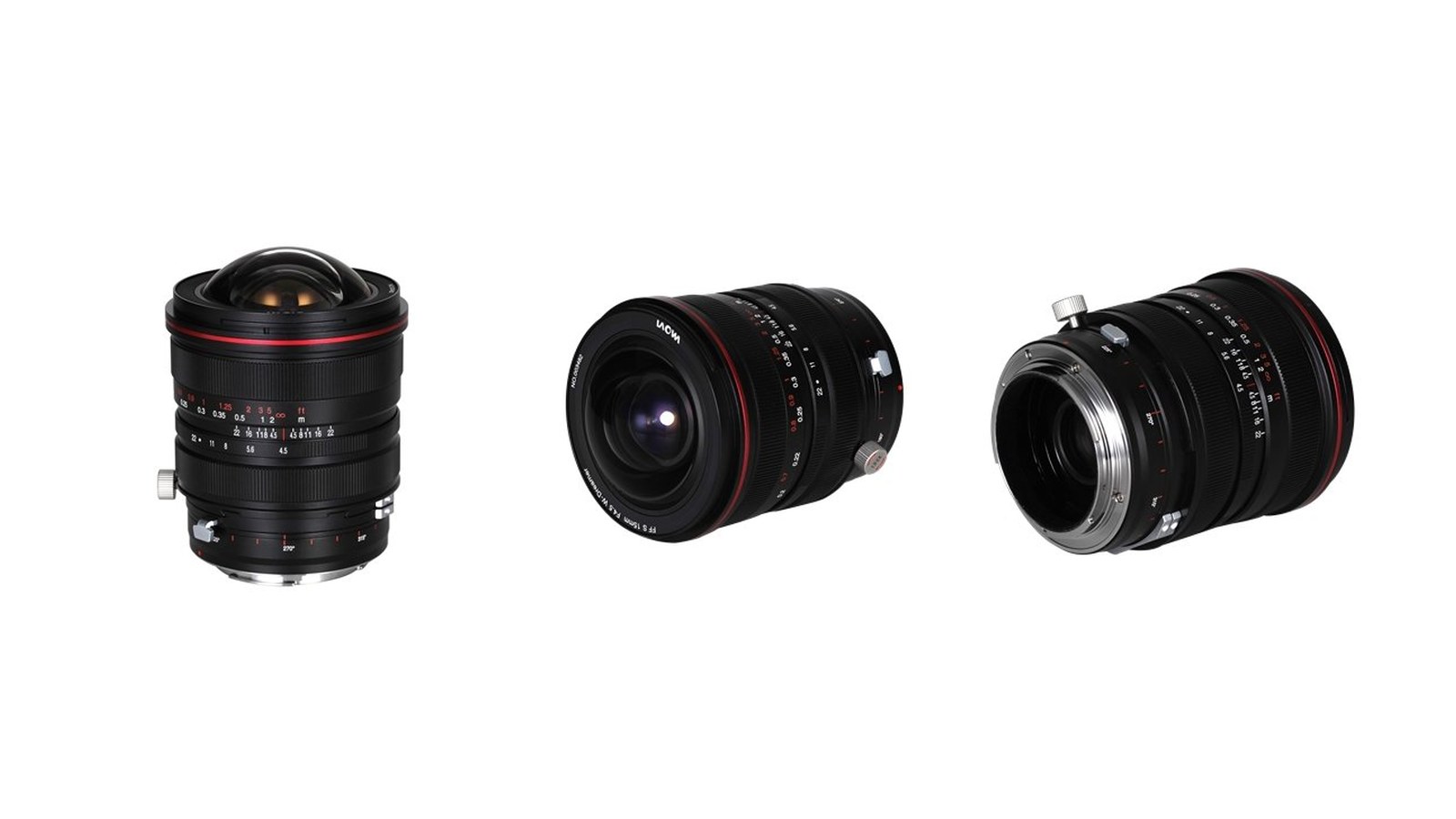 LAOWA 15mm F4.5R Zero-D Shift の本体を3方向から見たところ。前玉が丸く張り出し、側面にシフトつまみ、下部に0度・90度・180度・270度の回転目盛りがある。