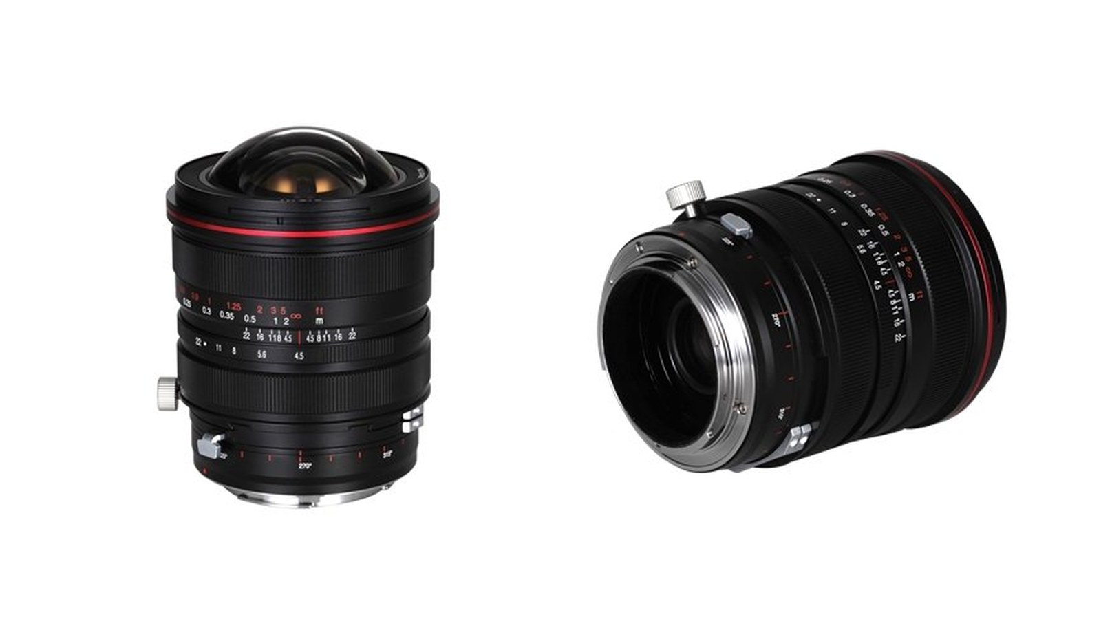 左：LAOWA 15mm F4.5R Zero-D Shift を正面上から見たところ。銀色のシフトつまみと、0度・90度・180度・270度の回転目盛りが見える。右：マウント側から見たところ。シフト機構のロックつまみが確認できる。