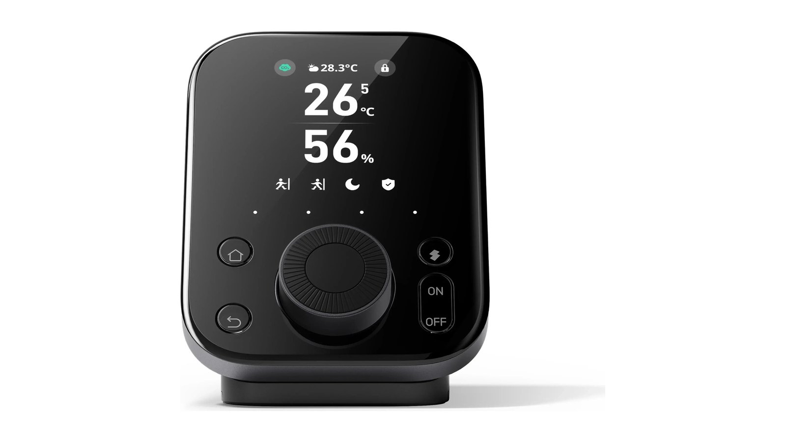 SwitchBot ハブ3の正面。上半分が黒い画面で室温26.5℃と湿度56%が出ており、下半分に丸いダイヤルと、左にホームと戻る、右にシーンとON/OFFのボタンが並ぶ。