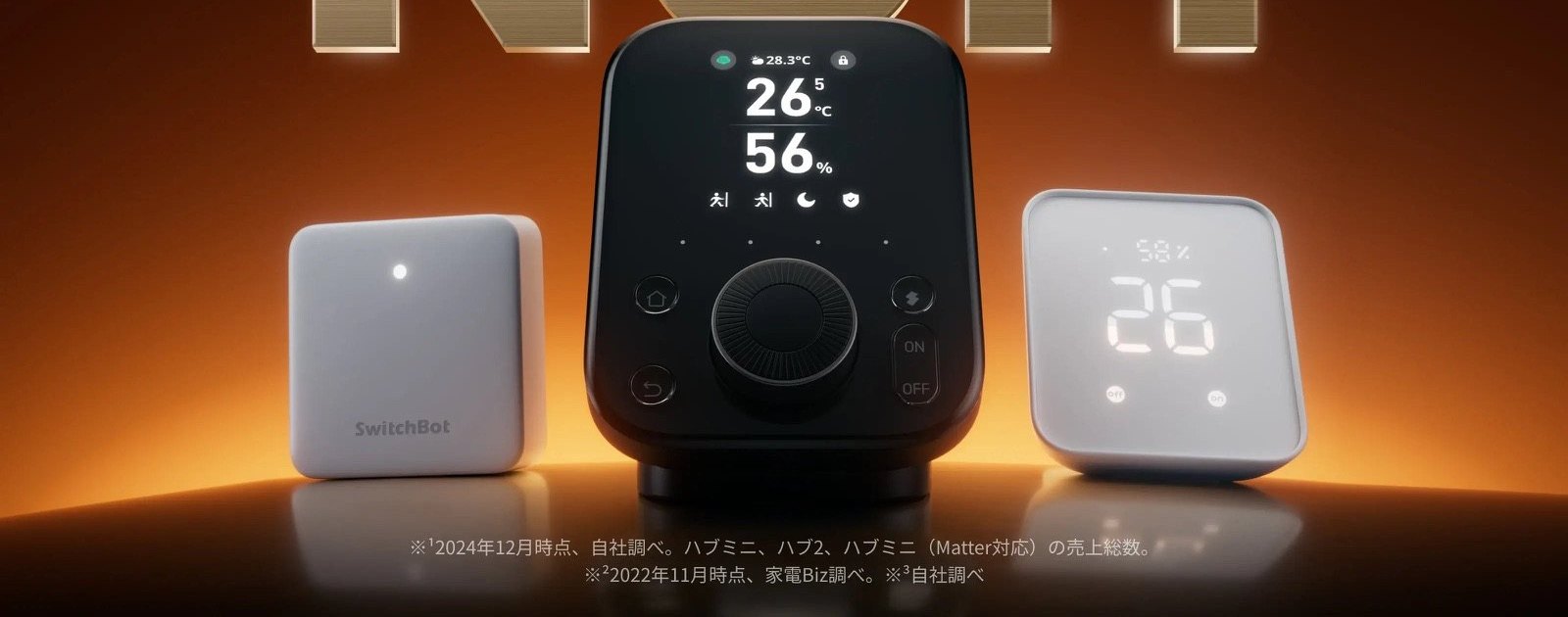 左から白い正方形のハブミニ、中央に画面とダイヤルが付いた黒いハブ3、右に数字が浮かぶ白いハブ2が並んでいる。