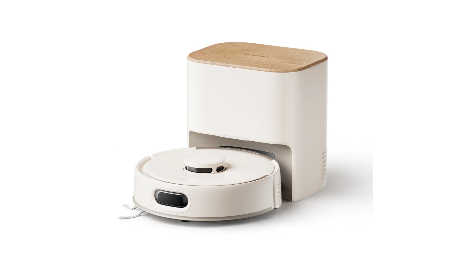 SwitchBot K11+ Proのアイボリー。円盤型の本体と、木目の天板が付いた縦長のゴミ収集ステーション。