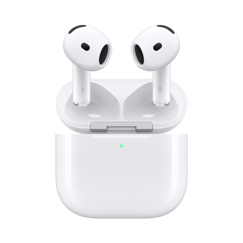 AirPods 5の左右のイヤーバッドと、ふたを開けた白い充電ケース。