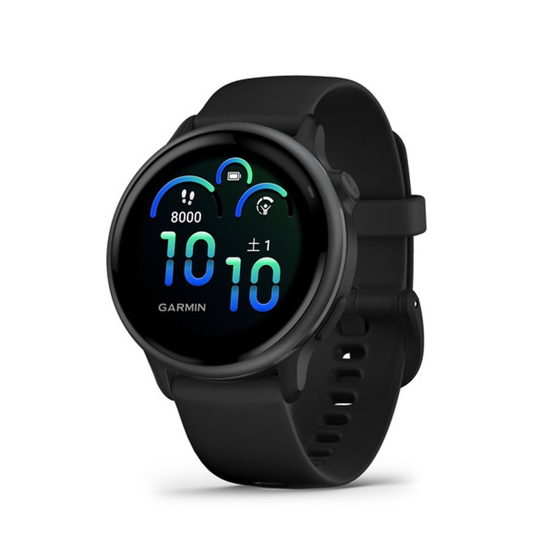 黒のガーミン vívoactive 6。丸い画面に大きな青い時刻の数字と歩数・電池の表示が出ている。