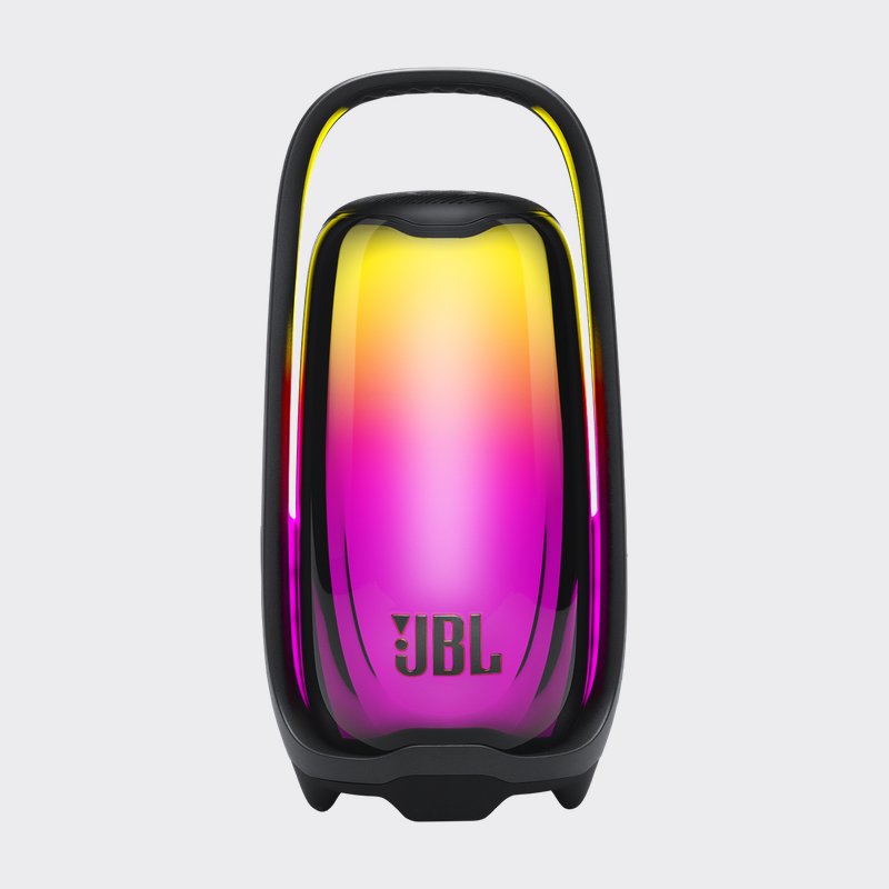 黒い枠のJBL Pulse 6。透明な円筒の胴が黄色とマゼンタに光り、上に一体型のハンドルが付いたBluetoothスピーカー。