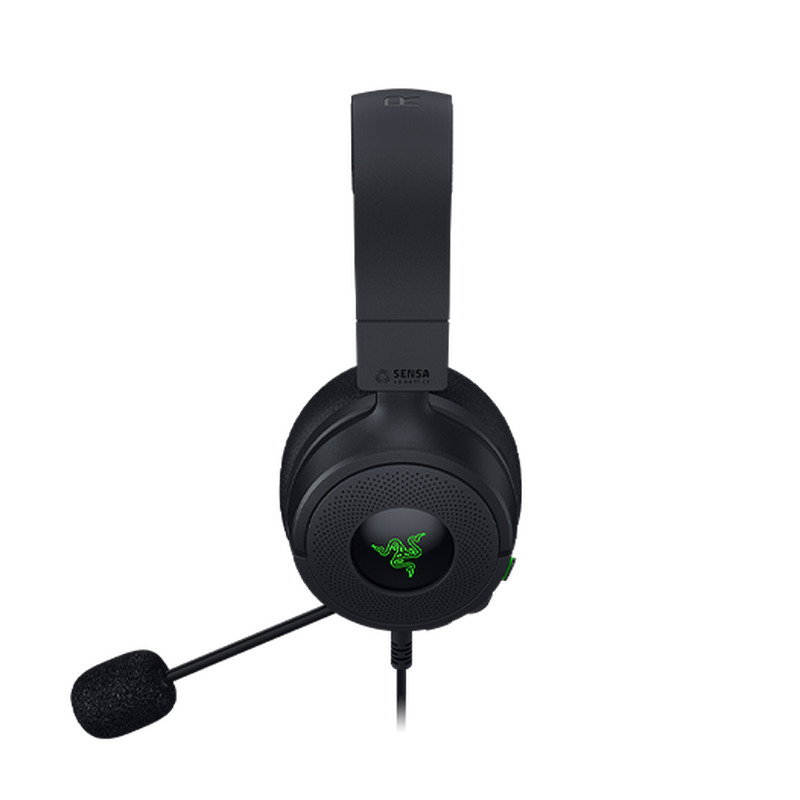 Razer Kraken V4 X Sensa HD Hapticsの本体。黒いオーバーヘッド型のゲーミングヘッドセットで、イヤーカップにRazerのロゴが緑色に光り、ブームマイクが前に伸びている。
