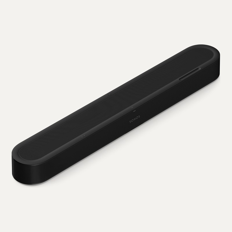 Sonos Beam Ultra。黒い細長い楕円形のサウンドバーを斜め上から写した製品写真。