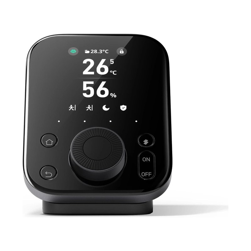 SwitchBot ハブ3の本体。上半分が黒い画面で、下半分に丸いダイヤルとボタンが並ぶ。